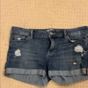PAIGE Blue Distressed Jean Shorts with Cuffed Hems